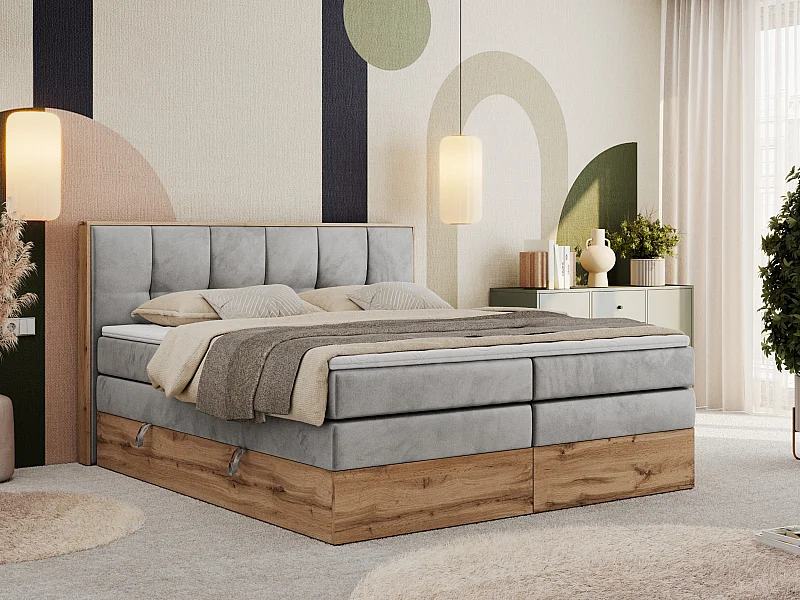 Boxspringbett ALBERO 1 KING - zwei 7 Härtezonen Multipocket-Matratzen, Doppelbett mit Stauraum, Eiche Wotan Holzrahmen - 120x200 cm - H3 - Hellgrau Velvet
