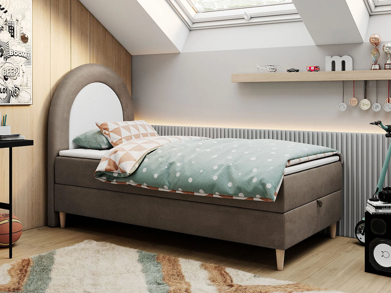 Kinderbett NEST - Boxspringbett für Kinder, mit hohem Kopfteil, Einzelbett mit Stauraum und Matratze - 90x180 cm - Braun Velvet