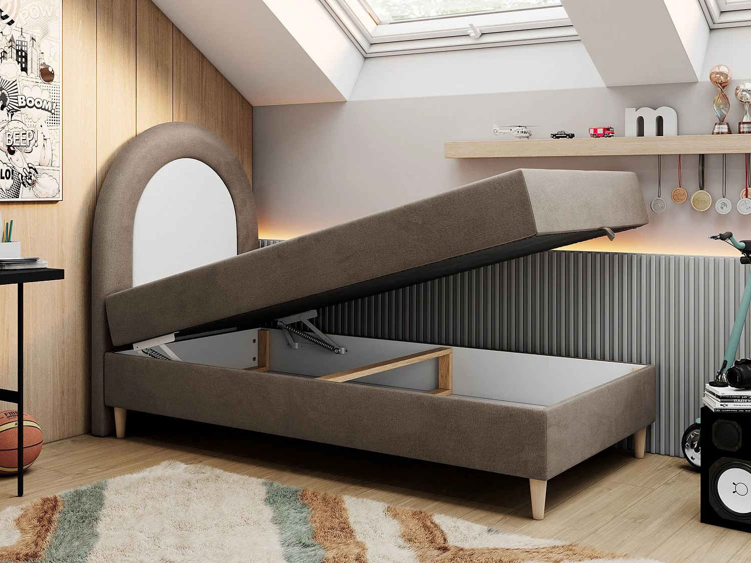 Kinderbett NEST - Boxspringbett für Kinder, mit hohem Kopfteil, Einzelbett mit Stauraum und Matratze - 90x180 cm - Braun Velvet