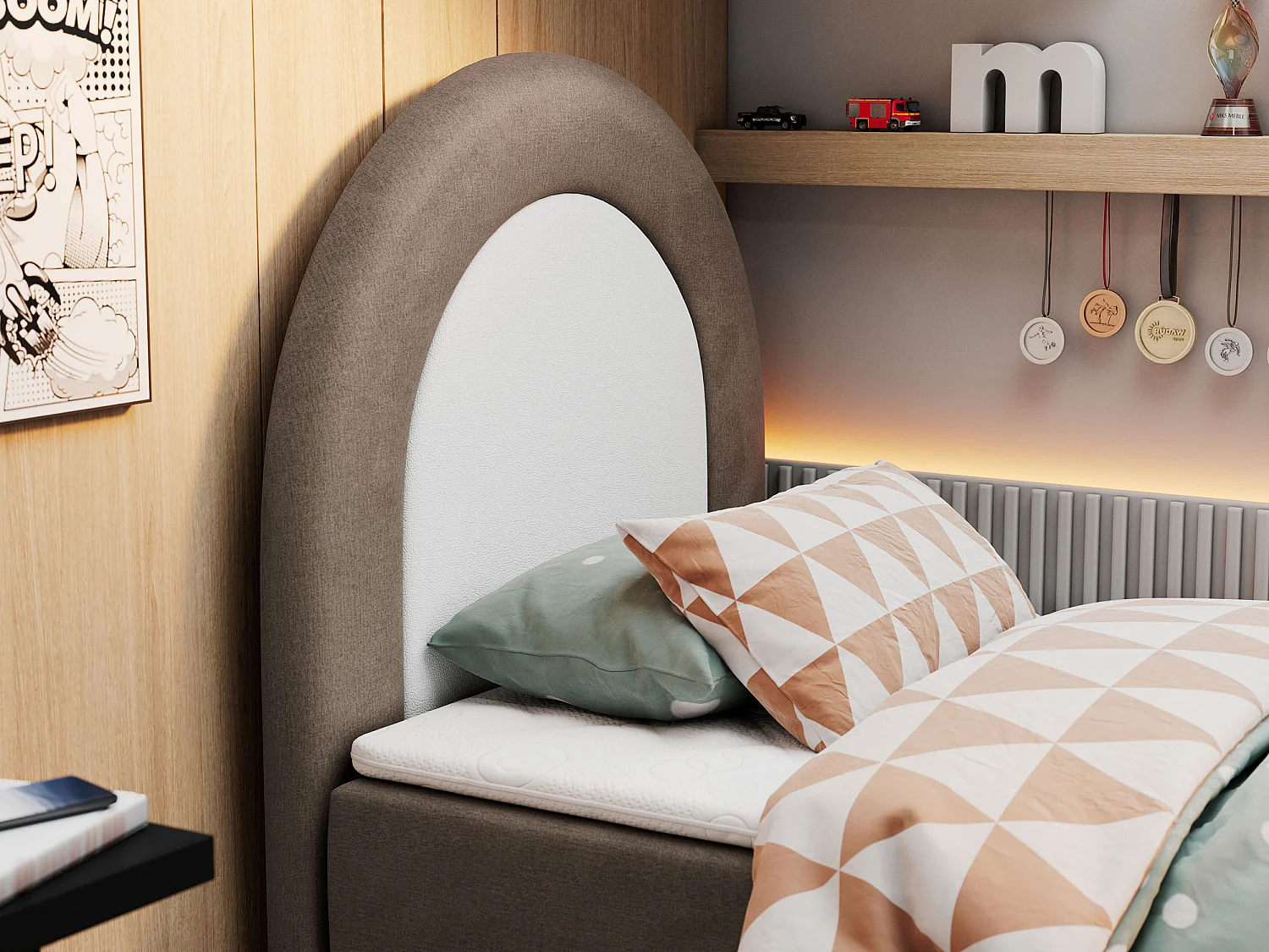 Kinderbett NEST - Boxspringbett für Kinder, mit hohem Kopfteil, Einzelbett mit Stauraum und Matratze - 90x180 cm - Braun Velvet