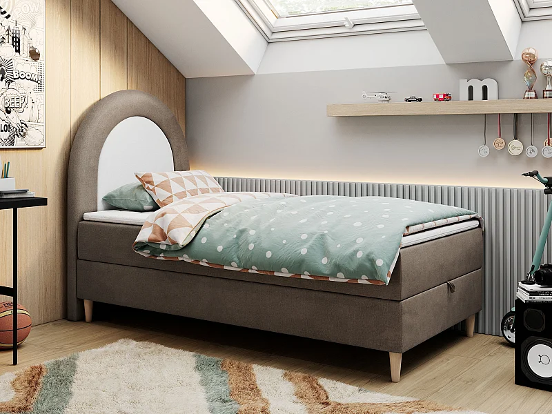 Kinderbett NEST - Boxspringbett für Kinder, mit hohem Kopfteil, Einzelbett mit Stauraum und Matratze - 90x180 cm - Braun Velvet