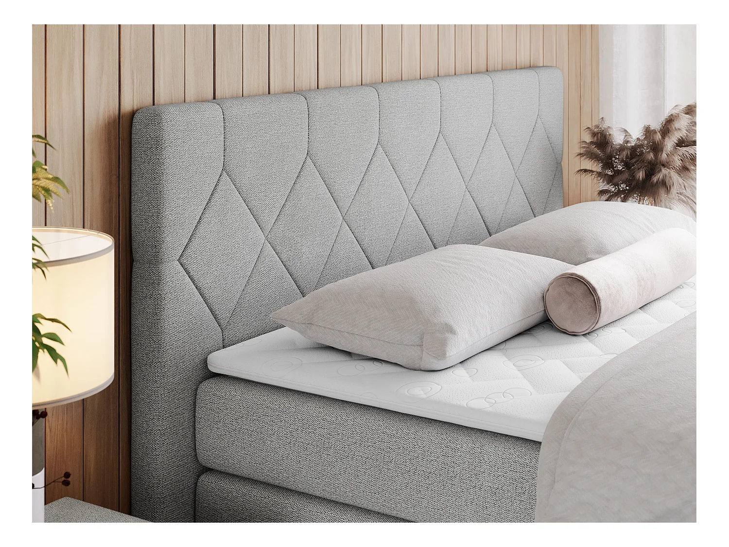 Boxspringbett EIGAR KING - Doppelbett mit genähtem Kopfteil, zwei Multipocket-Matratzen, Polsterbett für Schlafzimmer - 120x200 cm - H4 - Hellgrau Strukture