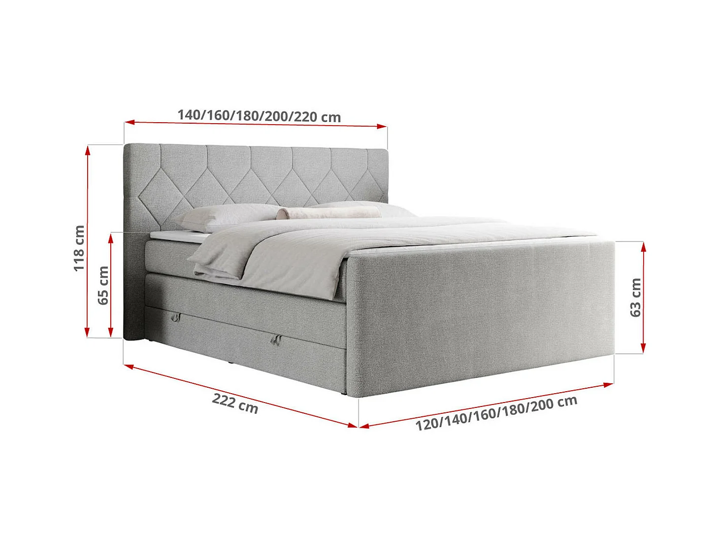 Boxspringbett EIGAR KING - Doppelbett mit genähtem Kopfteil, zwei Multipocket-Matratzen, Polsterbett für Schlafzimmer - 120x200 cm - H4 - Hellgrau Strukture