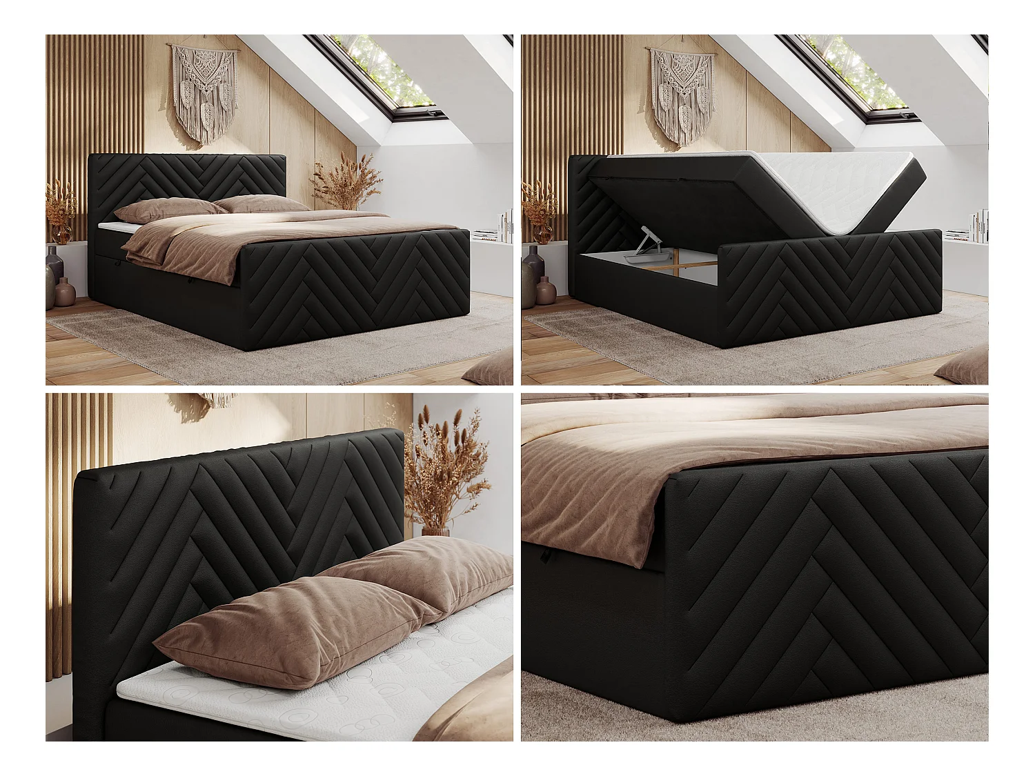 Boxspringbett PARIS DUO - Polsterbett mit genähtem Kopfteil und Frontplatte, Doppelbett, zwei Bettkästen - 140x200 cm - H3 - Schwarz Kunstleder