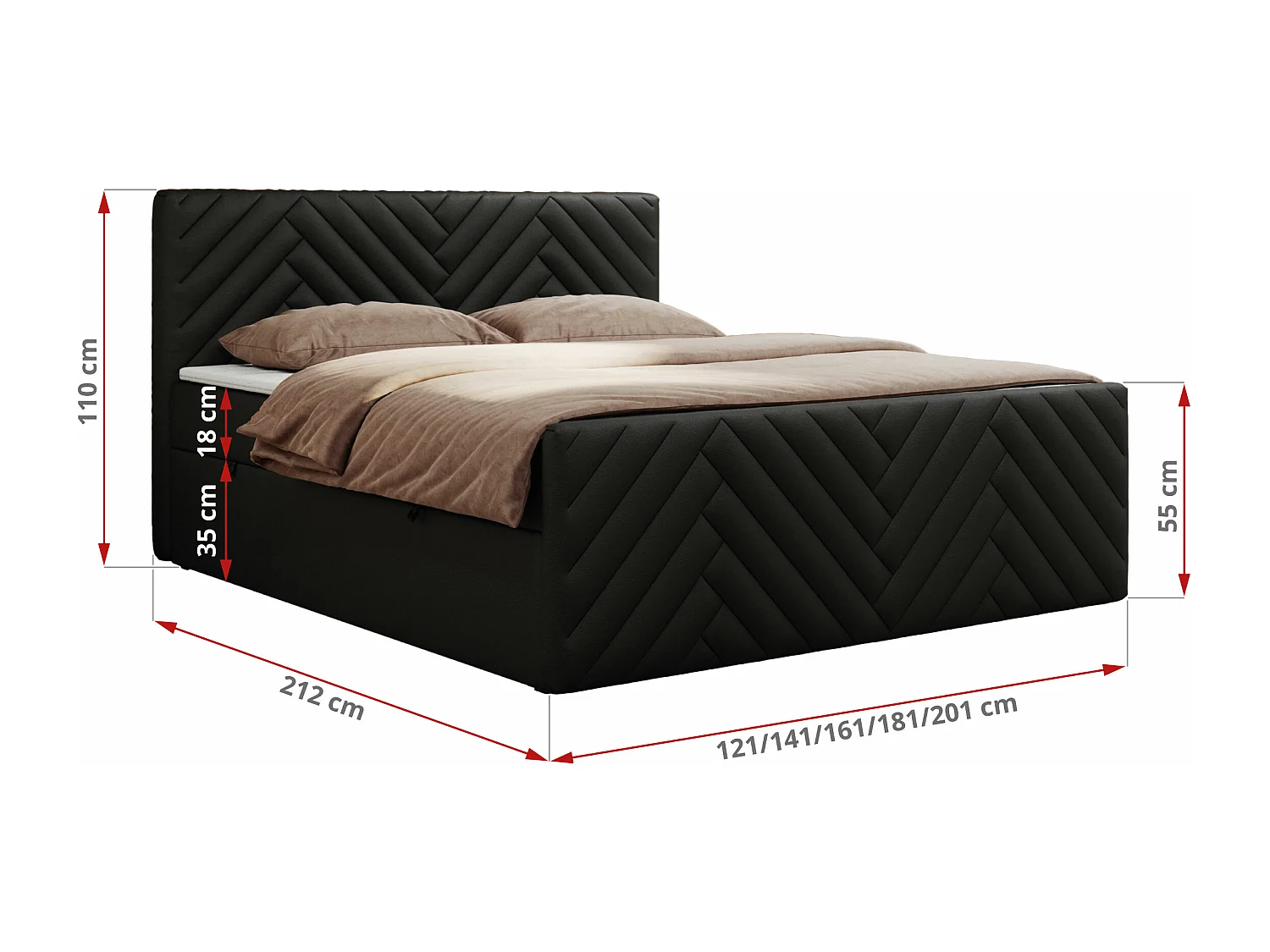 Boxspringbett PARIS DUO - Polsterbett mit genähtem Kopfteil und Frontplatte, Doppelbett, zwei Bettkästen - 140x200 cm - H3 - Schwarz Kunstleder