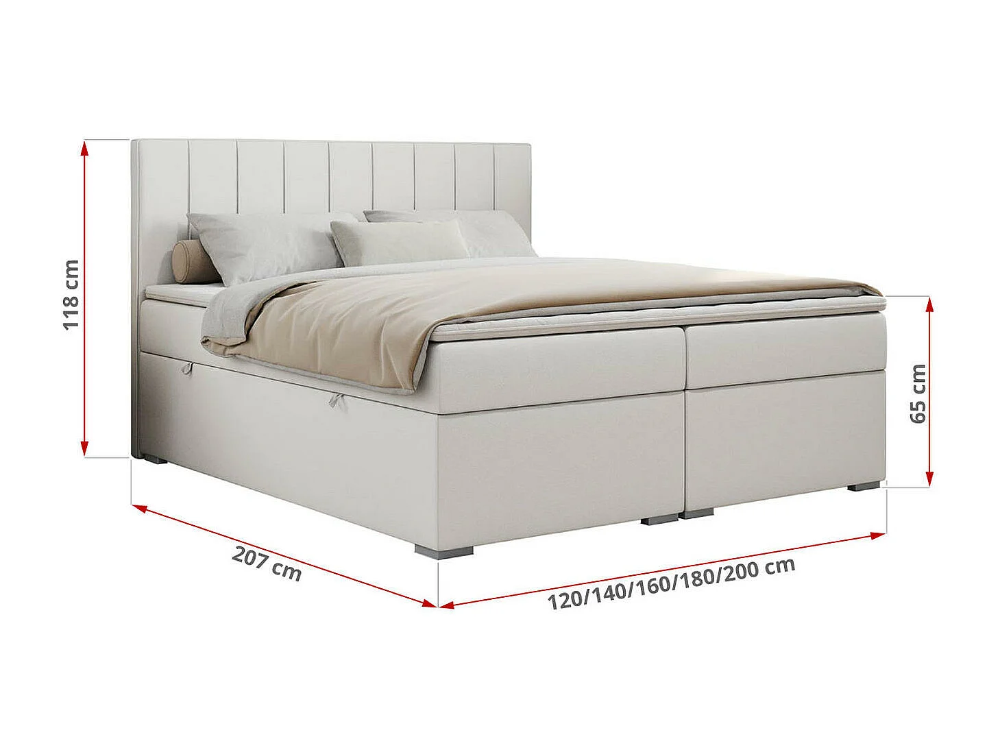 Boxspringbett ALLY - gestreiftes, genähtes Kopfteil, zwei Bettkästen, Multipocket-Matratzen, Praktisch Polsterbett - 200x200 cm - H3 - Weiß Kunstleder