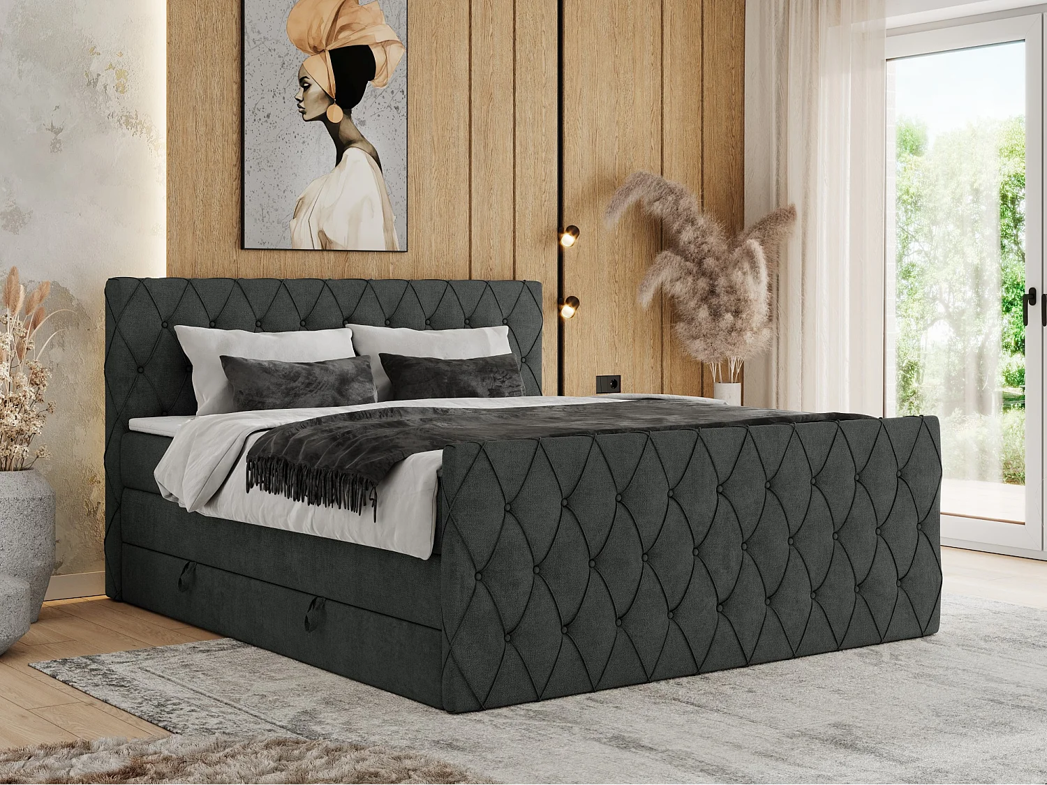 Boxspringbett MIREN KING DUO - für Schlafzimmer mit zwei Multipocket-Matratzen und Topper, gestepptes Kopfteil und Front  - 160x200 cm - H4 - Dunkelgrau Strukture