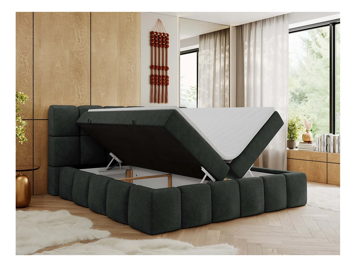 Boxspringbett NIRA - dekorativ kopfteil, Bettkästen und Multipocket-Matratze, Doppelbett für Schlafzimmer - 160x200 cm - H3 - Dunkelgrau Strukture