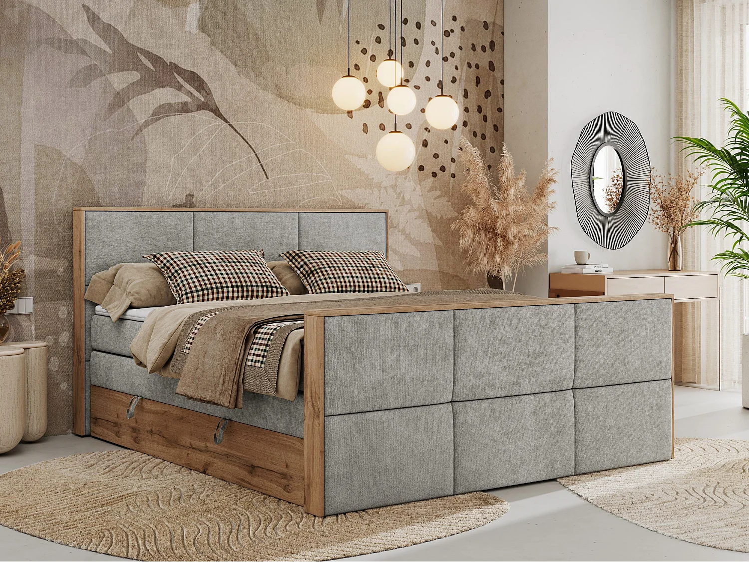 Boxspringbett ALBERO 2 KING DUO - Eiche Wotan Holzrahmen, zwei Multipocket-Matratzen, Bettkästen - 200x200 cm - H4 - Hellgrau Strukture