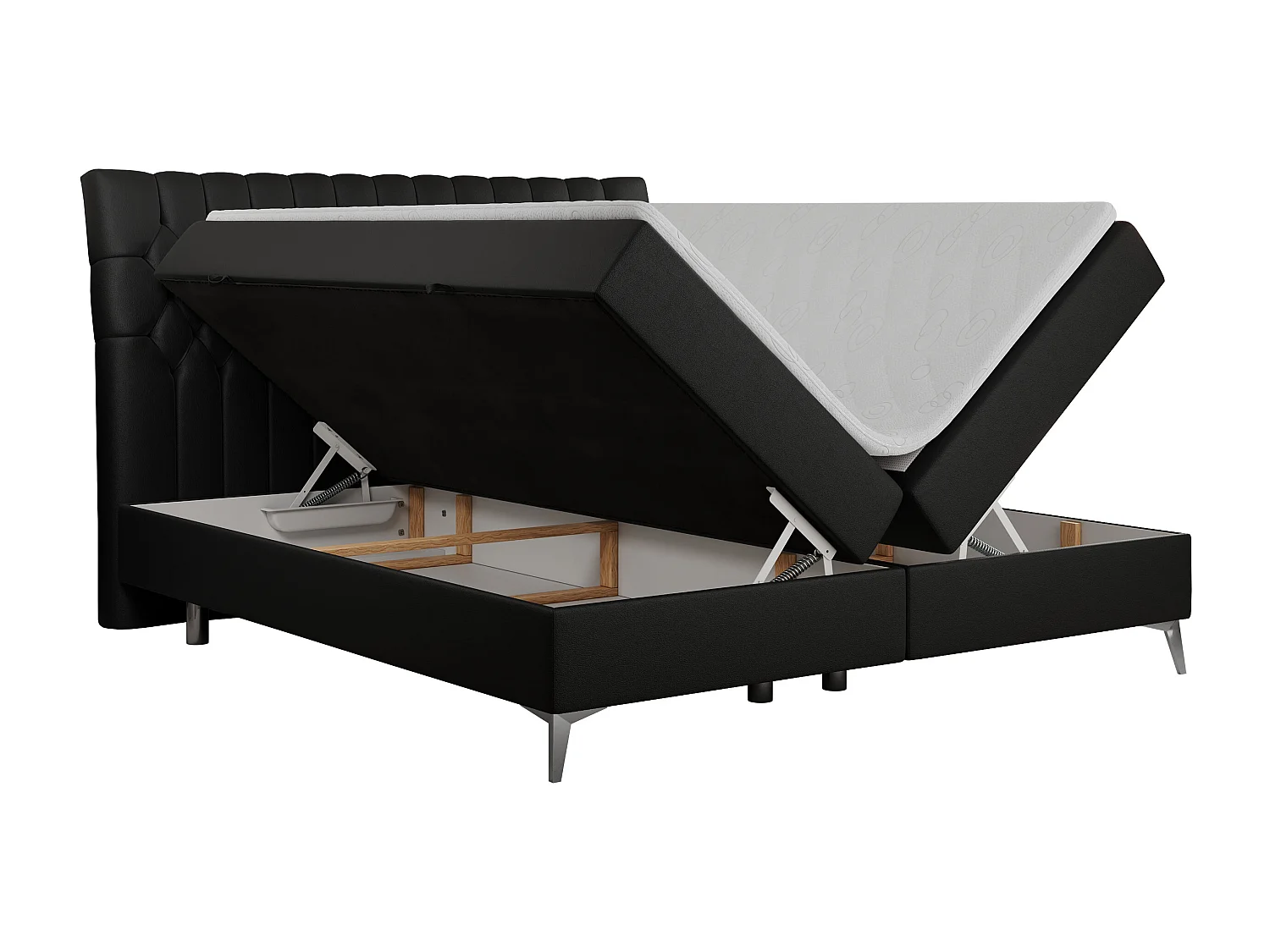 Boxspringbett MILEN - gepolstertes Schlafzimmerbett, zwei Multipocket-Matratze, dekorative hohe Beine - 180x200 cm - H4 - Schwarz Kunstleder