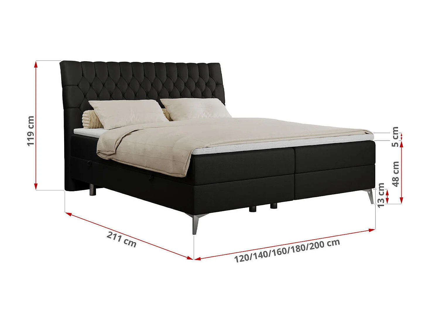 Boxspringbett MILEN - gepolstertes Schlafzimmerbett, zwei Multipocket-Matratze, dekorative hohe Beine - 180x200 cm - H4 - Schwarz Kunstleder