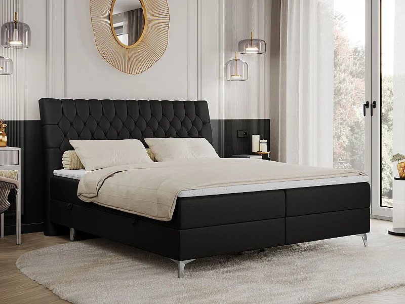 Boxspringbett MILEN - gepolstertes Schlafzimmerbett, zwei Multipocket-Matratze, dekorative hohe Beine - 180x200 cm - H4 - Schwarz Kunstleder