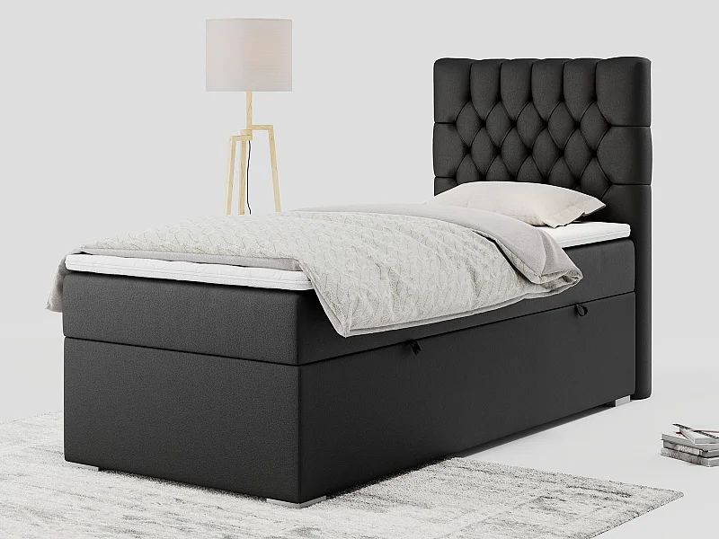 Boxspringbett PERA - Einzelbett mit Kopfstütze, Polsterbett, Multipocket-Matratze, genähtes Kopfteil - 90x200 cm - H3 - Schwarz Kunstleder - Rechts Seite