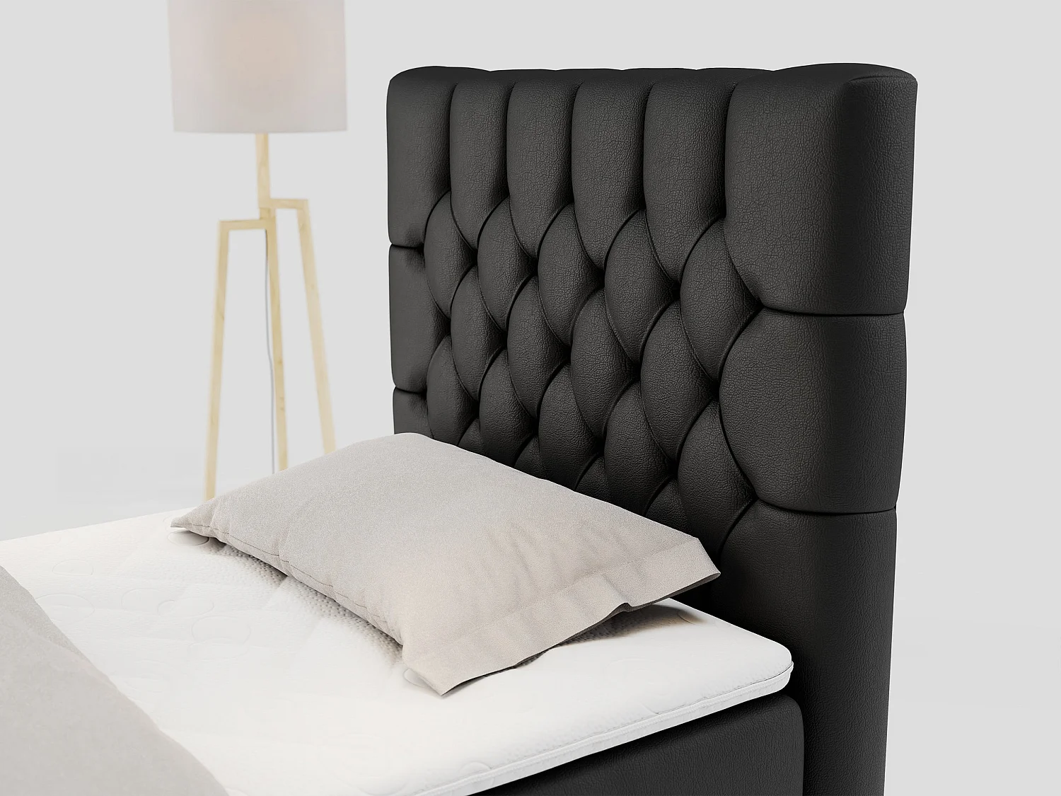 Boxspringbett PERA - Einzelbett mit Kopfstütze, Polsterbett, Multipocket-Matratze, genähtes Kopfteil - 90x200 cm - H3 - Schwarz Kunstleder - Rechts Seite