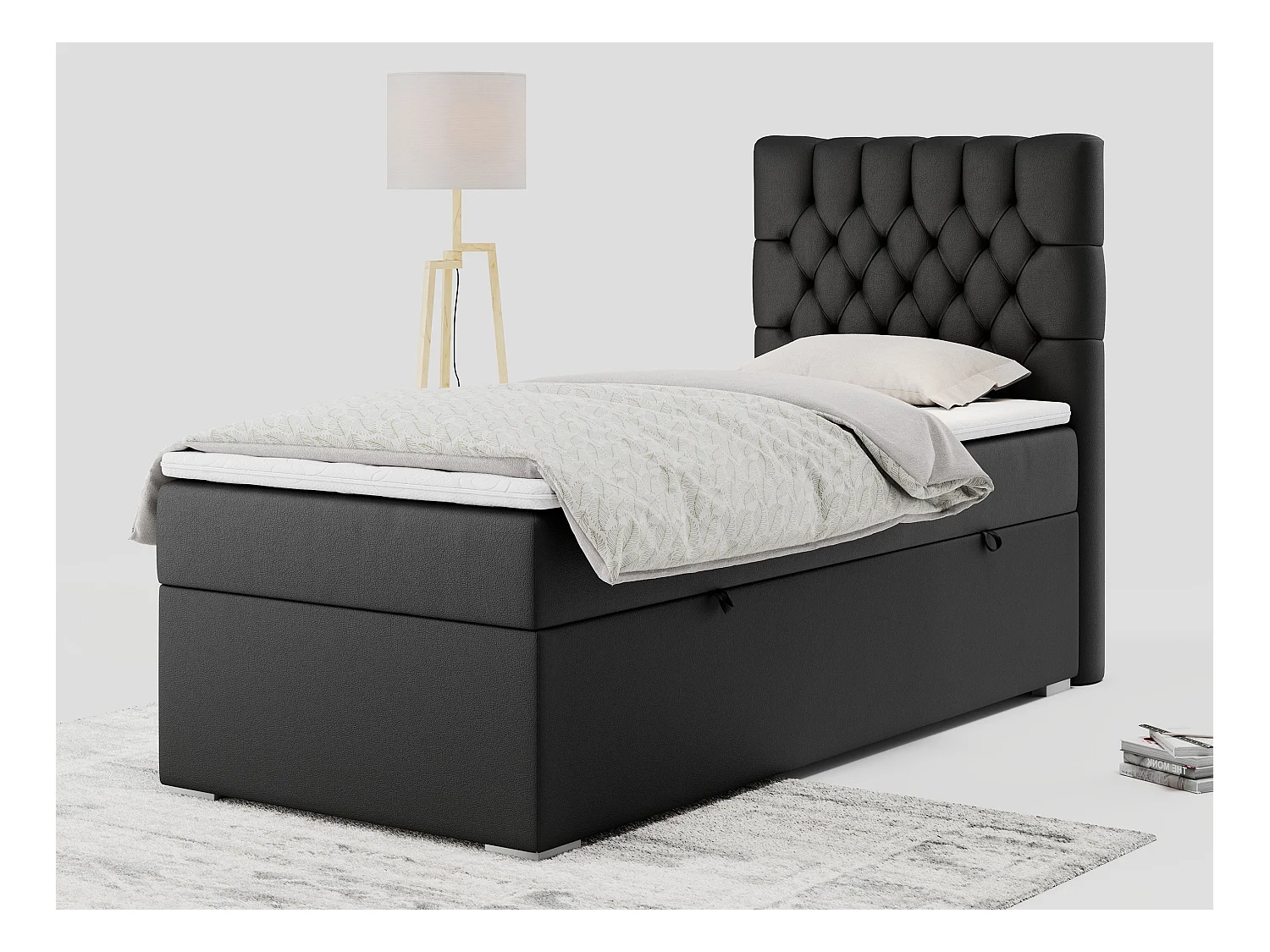 Boxspringbett PERA - Einzelbett mit Kopfstütze, Polsterbett, Multipocket-Matratze, genähtes Kopfteil - 90x200 cm - H3 - Schwarz Kunstleder - Rechts Seite