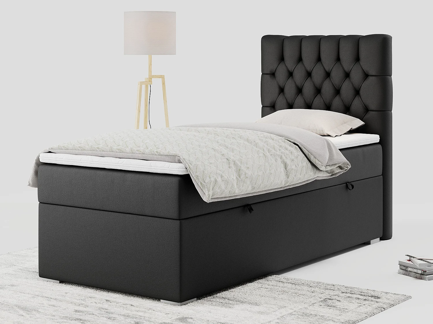 Boxspringbett PERA - Einzelbett mit Kopfstütze, Polsterbett, Multipocket-Matratze, genähtes Kopfteil - 90x200 cm - H3 - Schwarz Kunstleder - Rechts Seite
