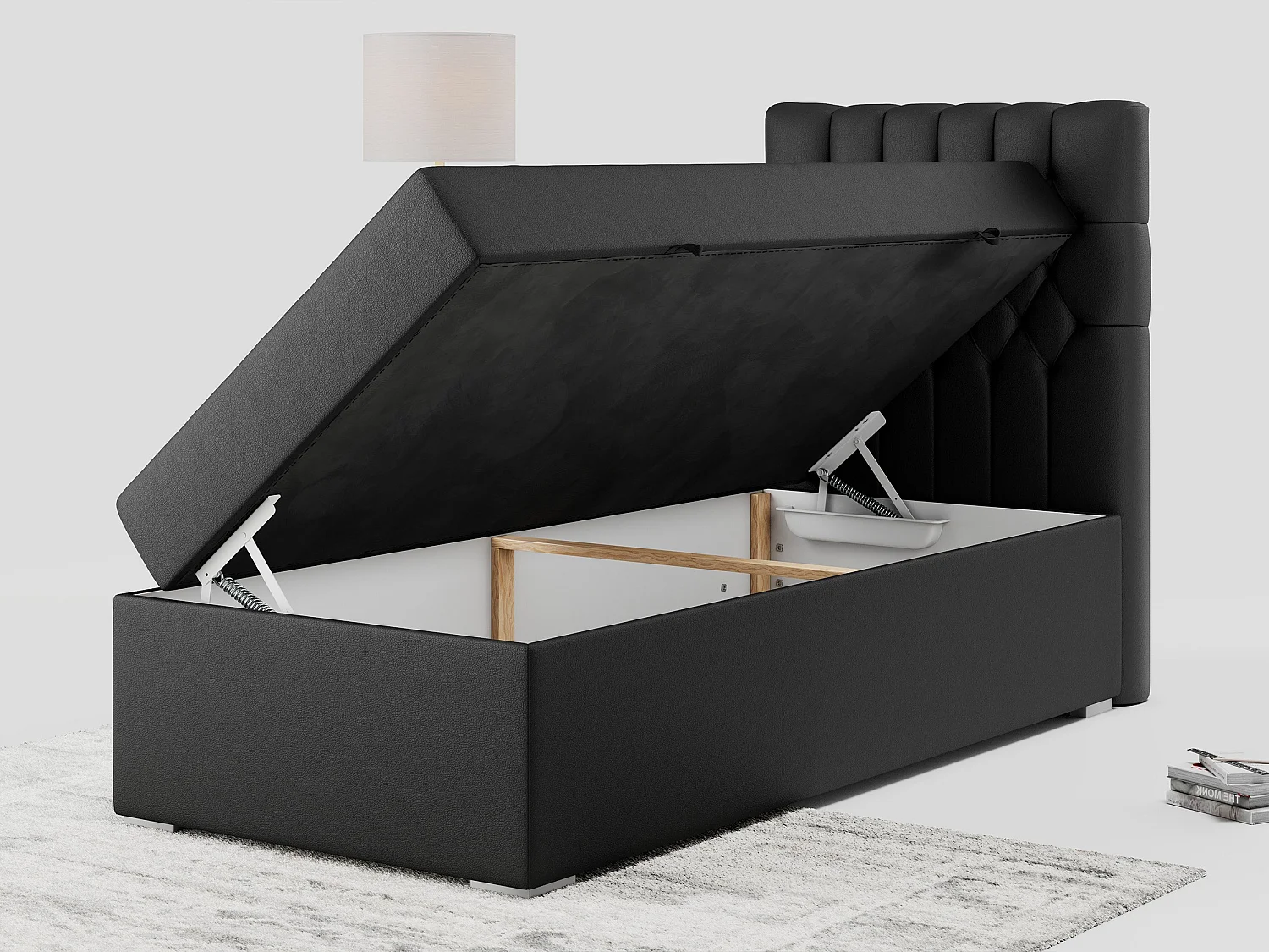 Boxspringbett PERA - Einzelbett mit Kopfstütze, Polsterbett, Multipocket-Matratze, genähtes Kopfteil - 90x200 cm - H3 - Schwarz Kunstleder - Rechts Seite