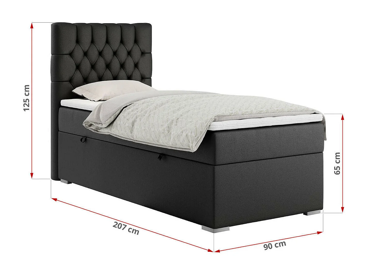 Boxspringbett PERA - Einzelbett mit Kopfstütze, Polsterbett, Multipocket-Matratze, genähtes Kopfteil - 90x200 cm - H3 - Schwarz Kunstleder - Rechts Seite
