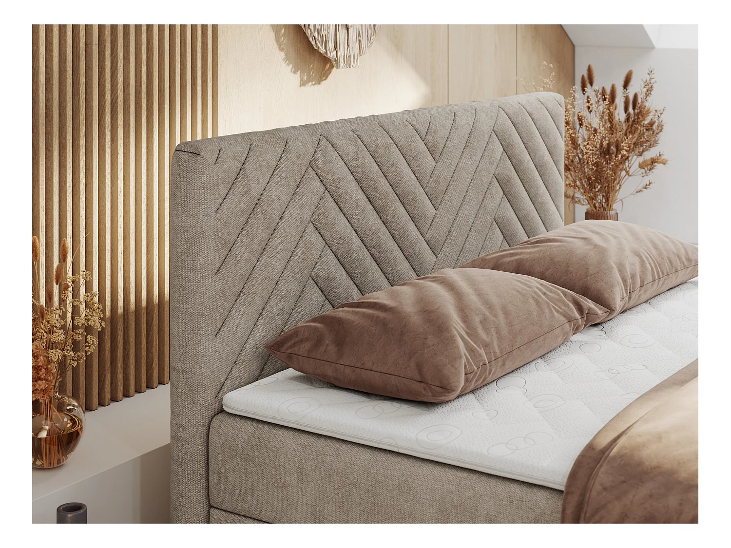 Boxspringbett PARIS DUO - Polsterbett mit genähtem Kopfteil und Frontplatte, Doppelbett, zwei Bettkästen - 160x200 cm - H3 - Beige Strukture