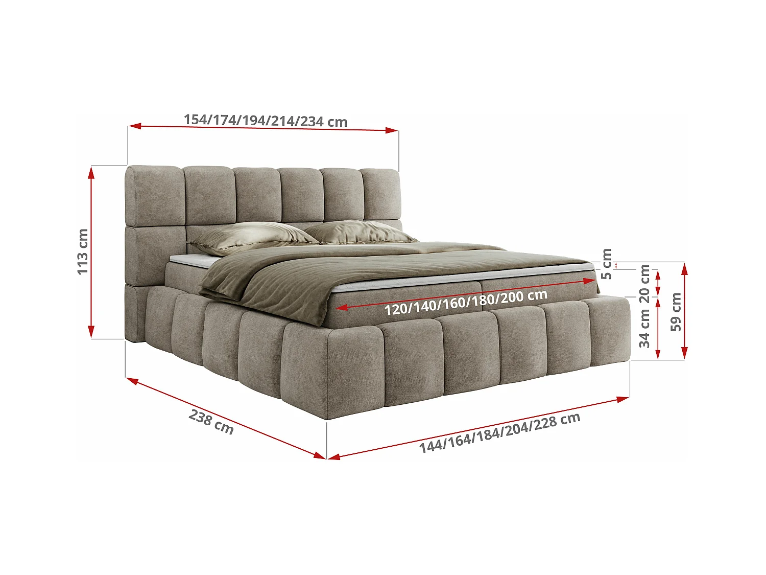 Boxspringbett NIRA - dekorativ kopfteil, Bettkästen und Multipocket-Matratze, Doppelbett für Schlafzimmer - 200x200 cm - H3 - Beige Strukture