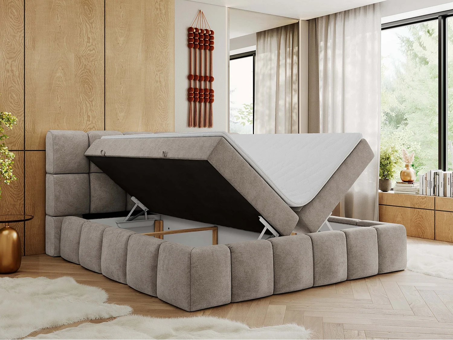 Boxspringbett NIRA - dekorativ kopfteil, Bettkästen und Multipocket-Matratze, Doppelbett für Schlafzimmer - 200x200 cm - H3 - Beige Strukture