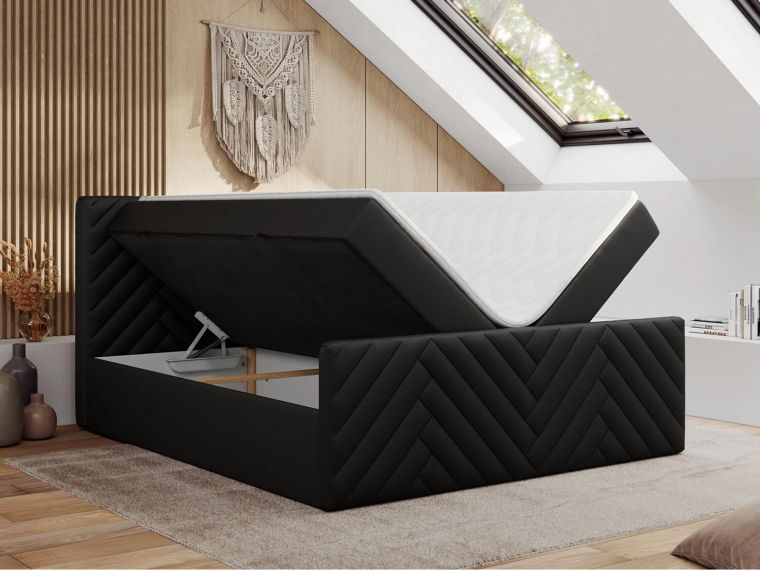 Boxspringbett PARIS DUO - Polsterbett mit genähtem Kopfteil und Frontplatte, Doppelbett, zwei Bettkästen - 140x200 cm - H4 - Schwarz Kunstleder