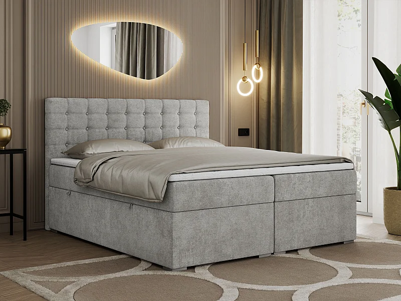 Boxspringbett SUSAN - mit gestepptem Kopfteil, zwei Bettkästen und Topper, gepolstertes Schlafzimmerbett - 140x200 cm - H3 - Hellgrau Stukture