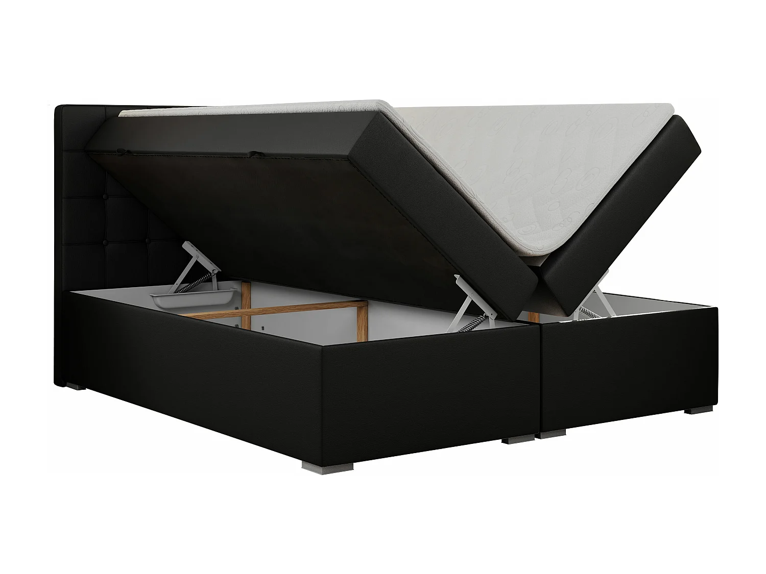 Boxspringbett CARMEN - Polsterbett mit zwei Bettkästen, gesteppte Kopfstütze, Multipocket-Matratze - 180x200 cm - H3 - Schwarz Kunstleder