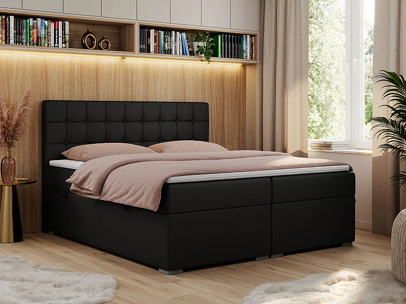 Boxspringbett CARMEN - Polsterbett mit zwei Bettkästen, gesteppte Kopfstütze, Multipocket-Matratze - 180x200 cm - H3 - Schwarz Kunstleder