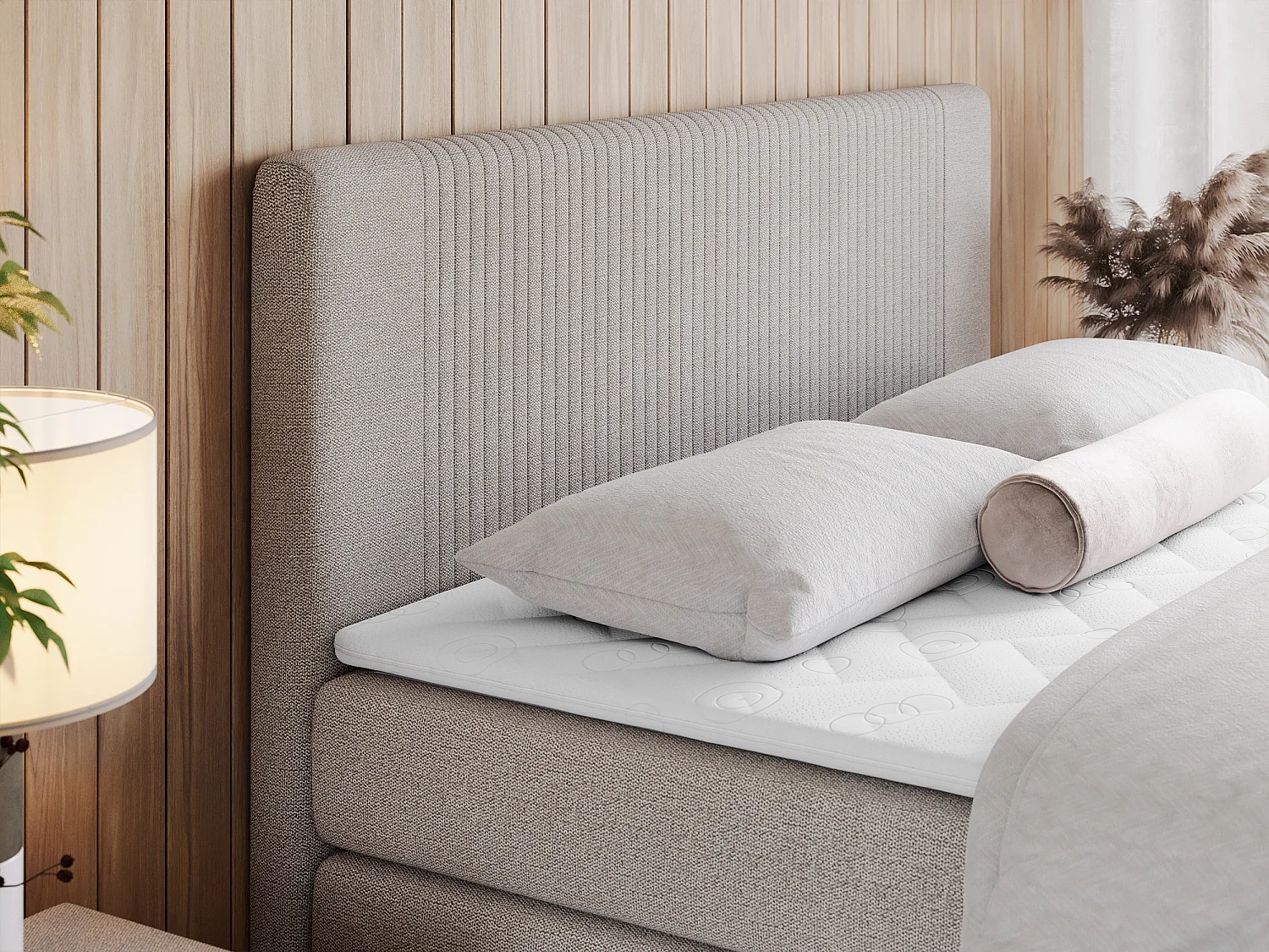 Boxspringbett DOREN KING - mit gesteppter Front und Kopfteil, zwei Multipocket-Matratzen und Topper, Doppelbett - 200x200 cm - H3 - Beige Strukture