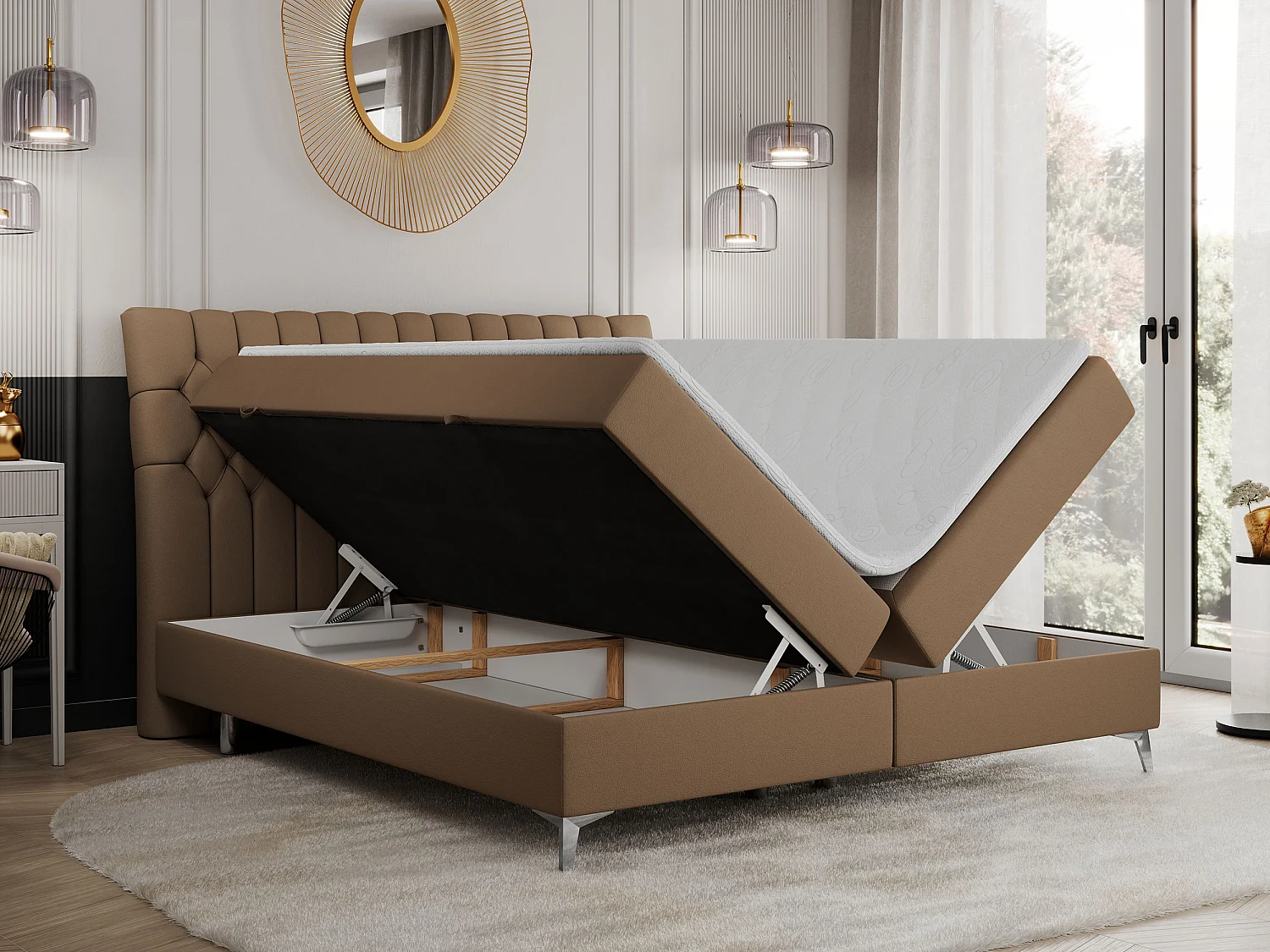 Boxspringbett MILEN - gepolstertes Schlafzimmerbett, zwei Multipocket-Matratze, dekorative hohe Beine - 160x200 cm - H4 - Braun Kunstleder