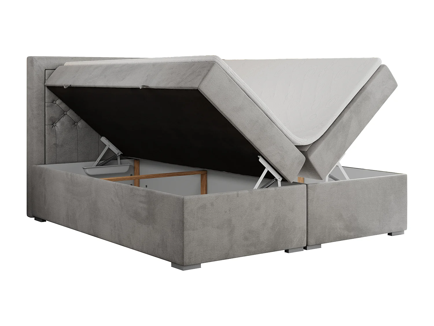 Boxspringbett JASIR - mit gestepptem Kopfteil, Doppelbett für Schlafzimmer, Multipocket-Matratze, Stauraum - 140x200 cm - H4 - Hellgrau Velvet