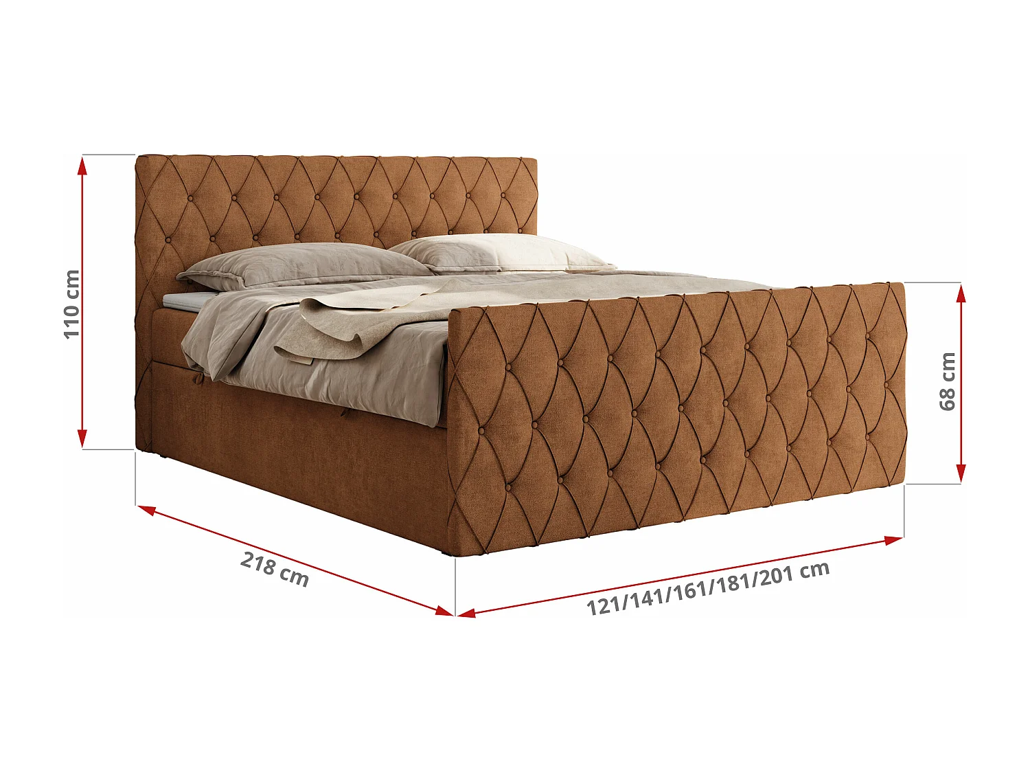 Boxspringbett MIREN DUO - mit gestepptem Kopfteil und Front, Multipocket-Matratze, zwei Bettkästen - 160x200 cm - H3 - Orange Strukture
