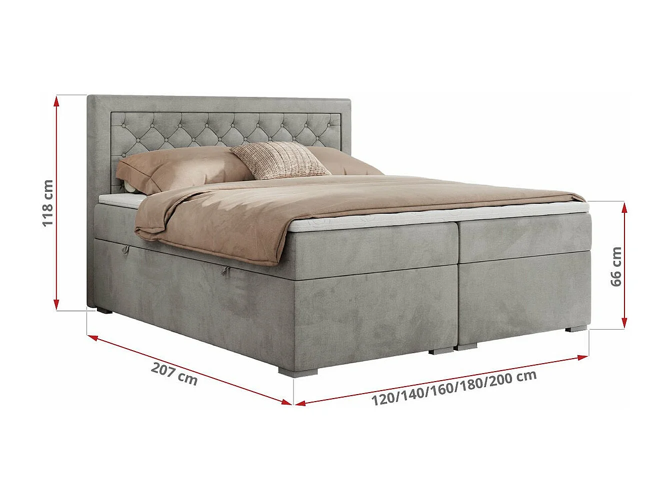 Boxspringbett JASIR - mit gestepptem Kopfteil, Doppelbett für Schlafzimmer, Multipocket-Matratze, Stauraum - 160x200 cm - H4 - Hellgrau Velvet