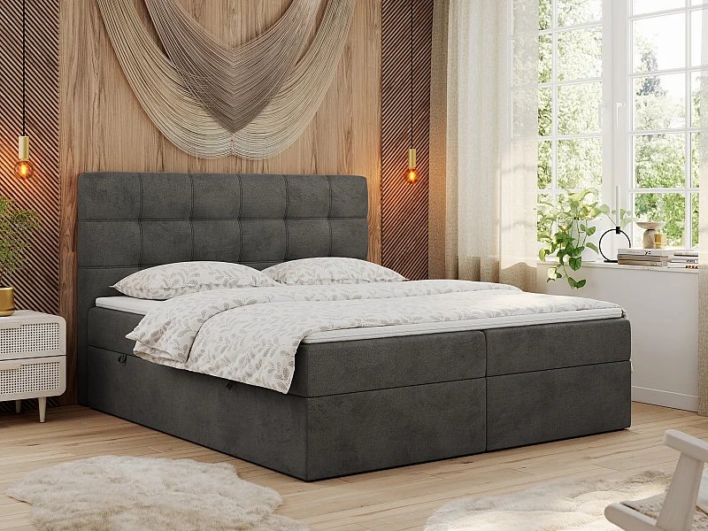 Boxspringbett ERNI - mit gestepptem Kopfteil, Polsterbett, Multipocket-Matratze und Topper, Bettkästen - 180x200 cm - H4 - Dunkelgrau Velvet