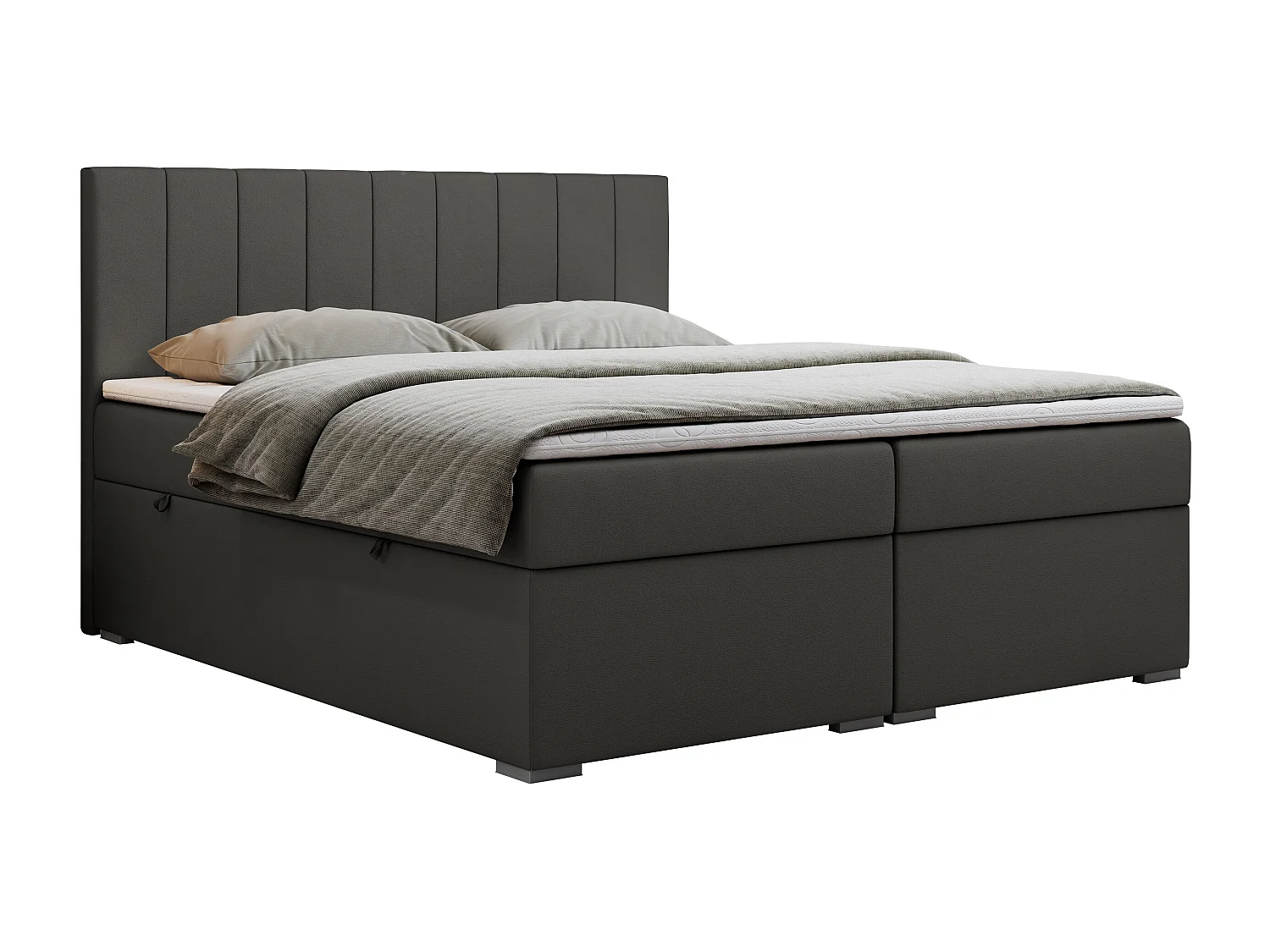 Boxspringbett LOPE - genähtes Kopfteil, Doppelbett mit Stauraum, Multipocket-Matratze, Topper - 180x200 cm - H4 - Dunkelgrau Kunstleder