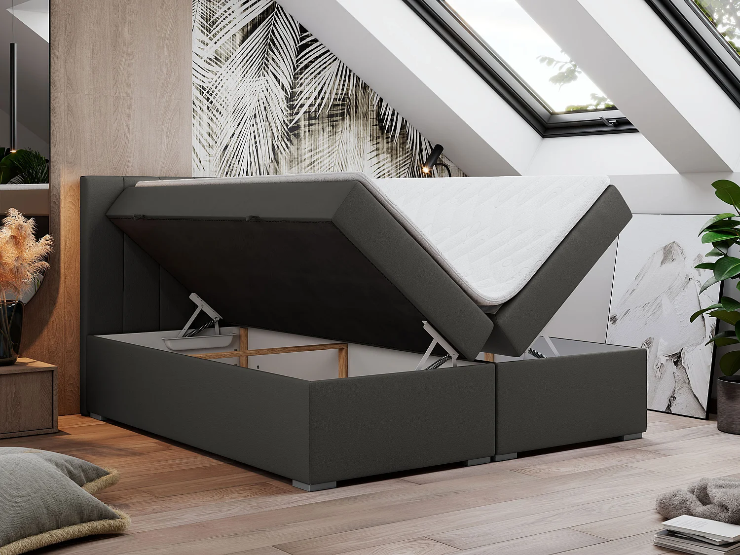 Boxspringbett LOPE - genähtes Kopfteil, Doppelbett mit Stauraum, Multipocket-Matratze, Topper - 180x200 cm - H4 - Dunkelgrau Kunstleder