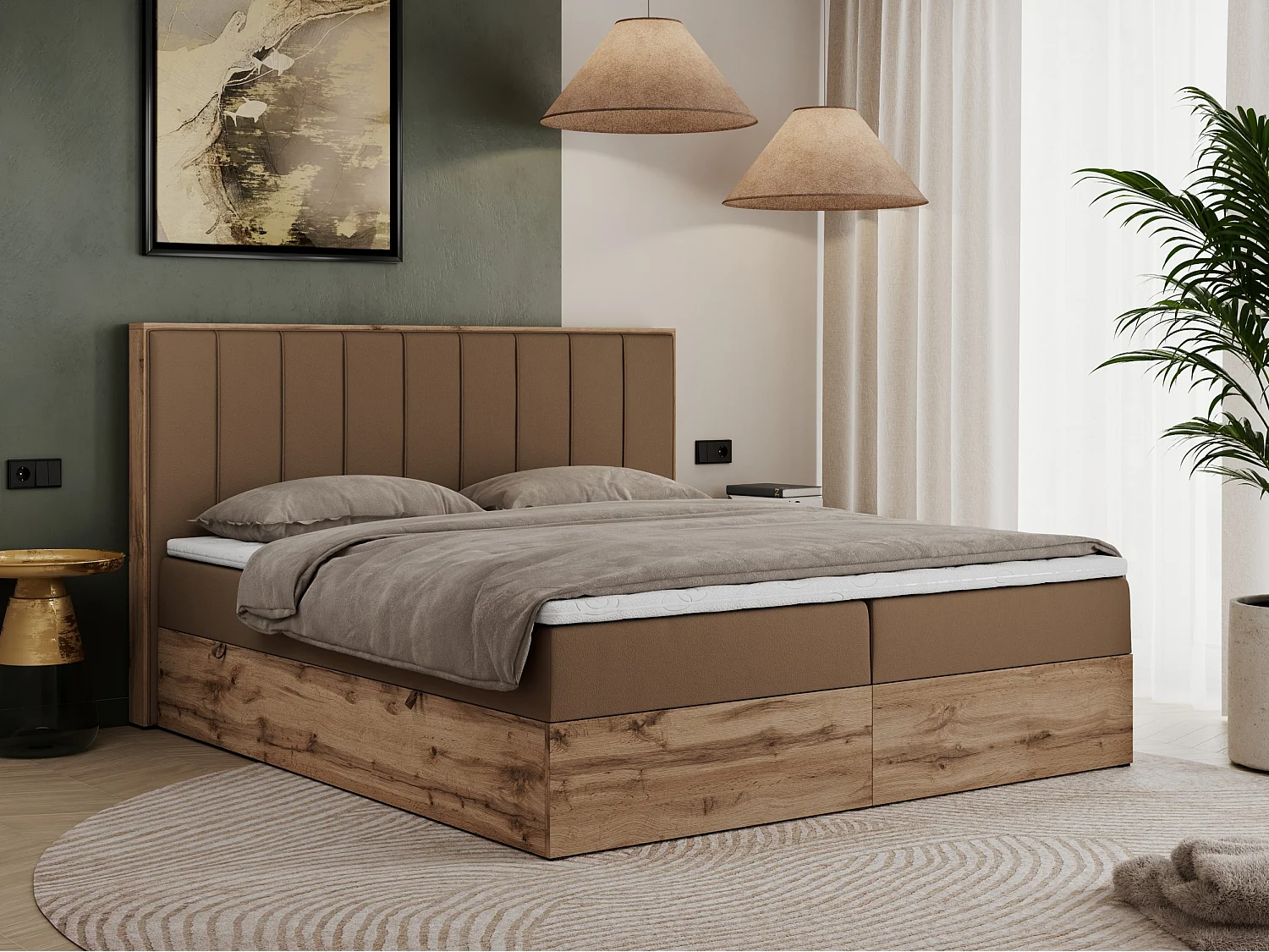 Boxspringbett BELLISSIMO - mit gestepptem Kopfteil, Polsterbett mit zwei Bettkästen, Multipocket-Matratze - 140x200 cm - H4 - Braun Kunstleder