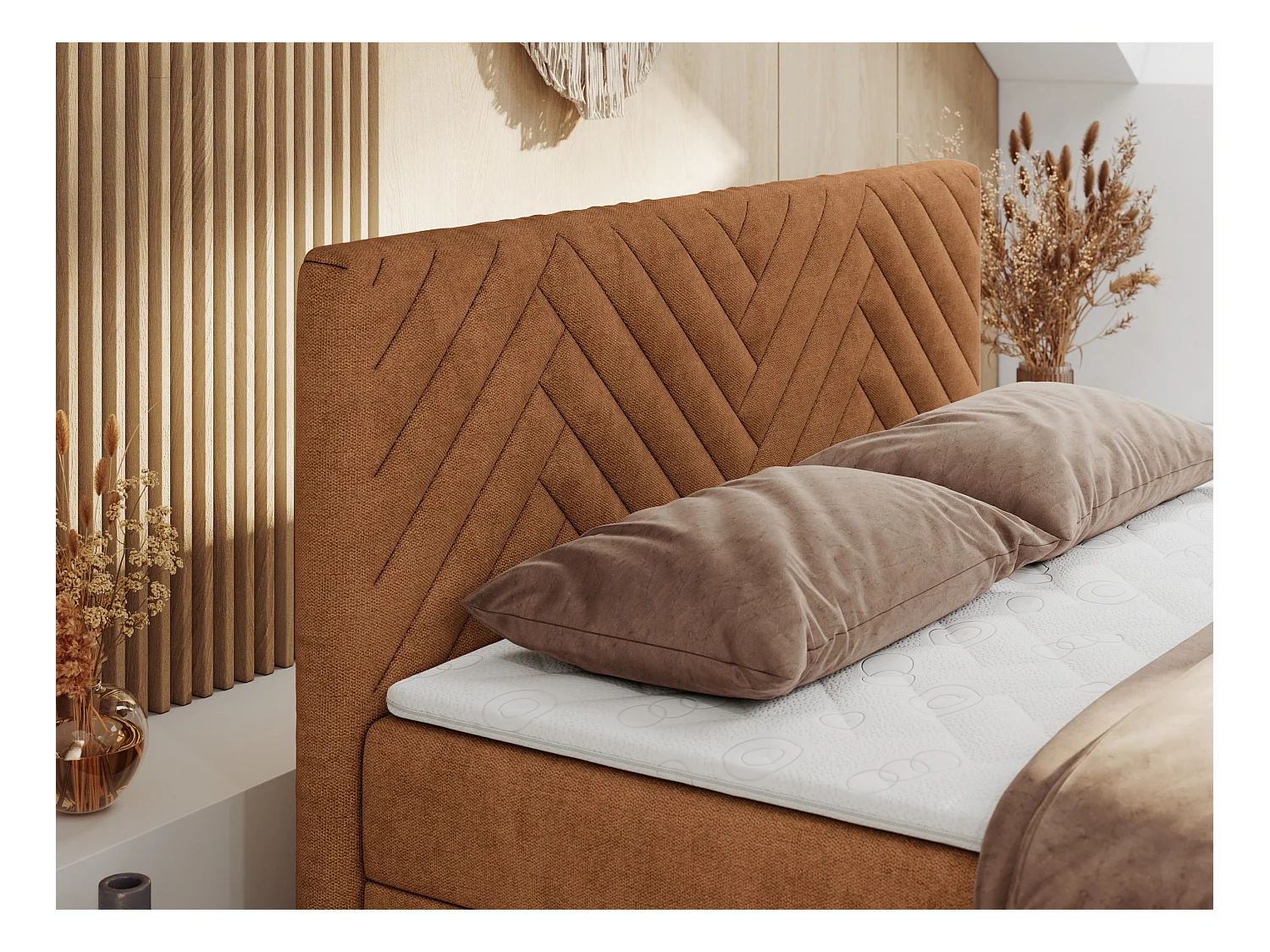 Boxspringbett PARIS DUO - Polsterbett mit genähtem Kopfteil und Frontplatte, Doppelbett, zwei Bettkästen - 180x200 cm - H3 - Orange Strukture