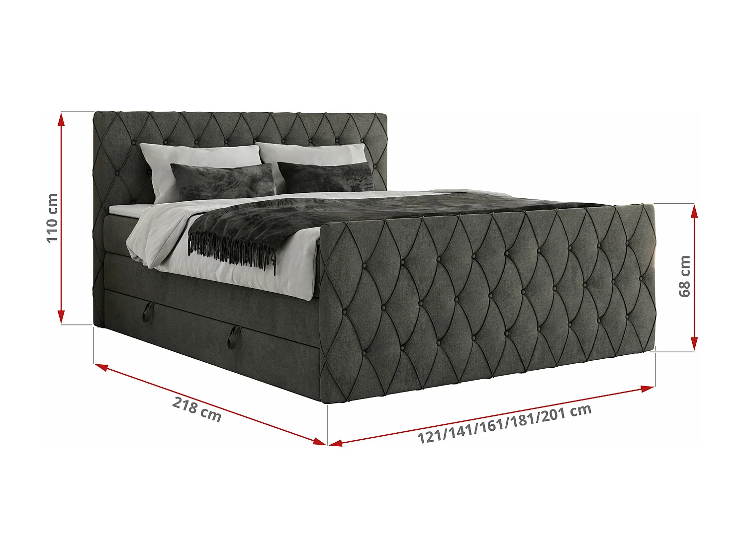 Boxspringbett MIREN KING DUO - für Schlafzimmer mit zwei Multipocket-Matratzen und Topper, gestepptes Kopfteil und Front  - 140x200 cm - H4 - Dunkelgrau Velvet