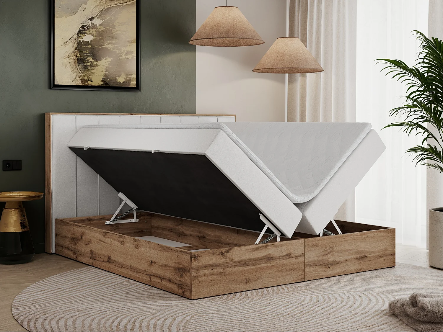 Boxspringbett BELLISSIMO - mit gestepptem Kopfteil, Polsterbett mit zwei Bettkästen, Multipocket-Matratze - 160x200 cm - H4 - Weiß Kunstleder