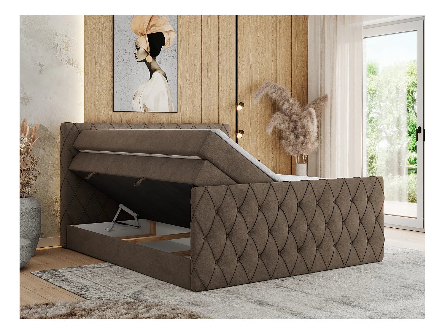 Boxspringbett MIREN KING DUO - für Schlafzimmer mit zwei Multipocket-Matratzen und Topper, gestepptes Kopfteil und Front  - 160x200 cm - H4 - Braun Velvet