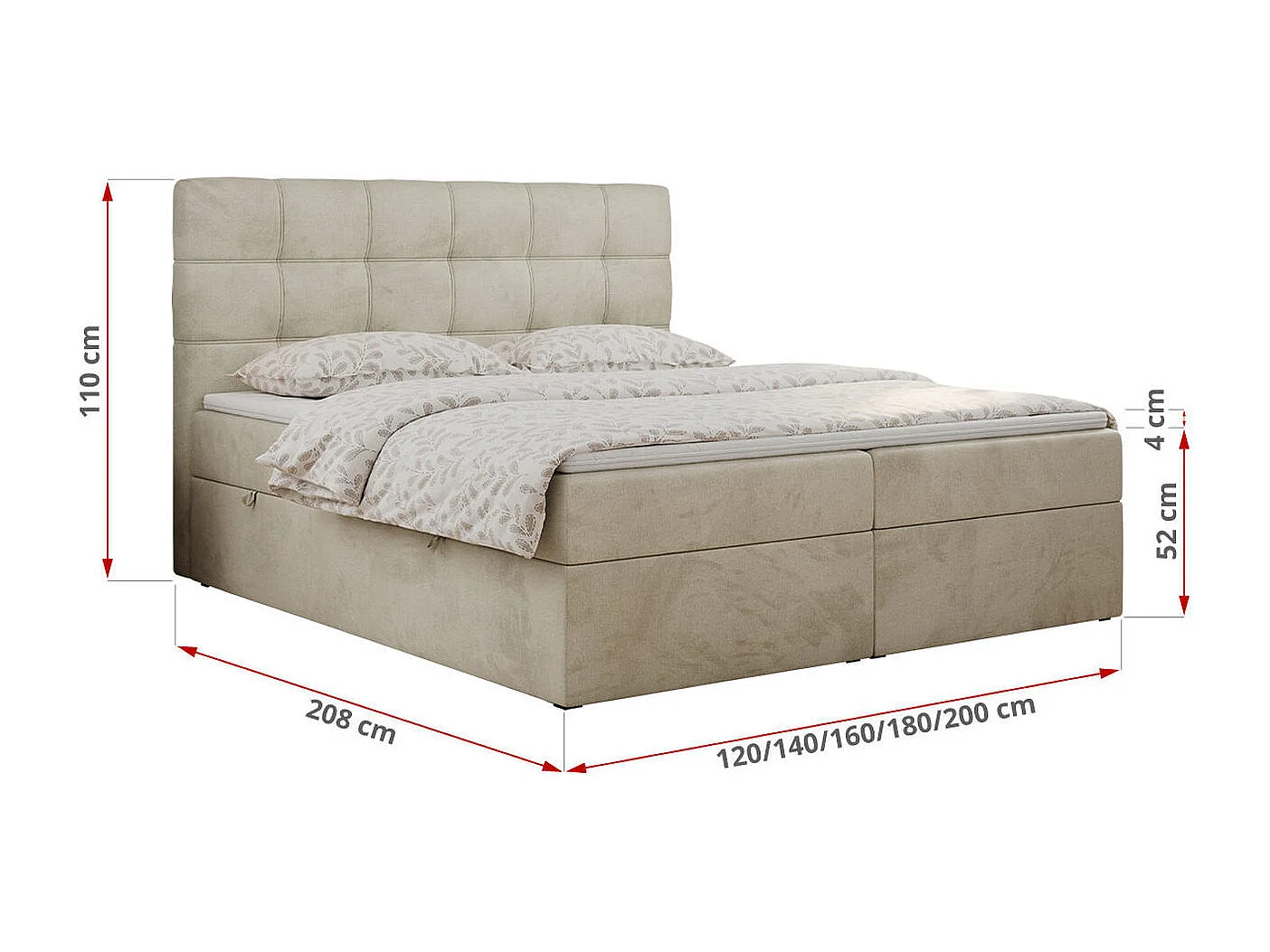Boxspringbett ERNI - mit gestepptem Kopfteil, Polsterbett, Multipocket-Matratze und Topper, Bettkästen - 120x200 cm - H4 - Beige Velvet