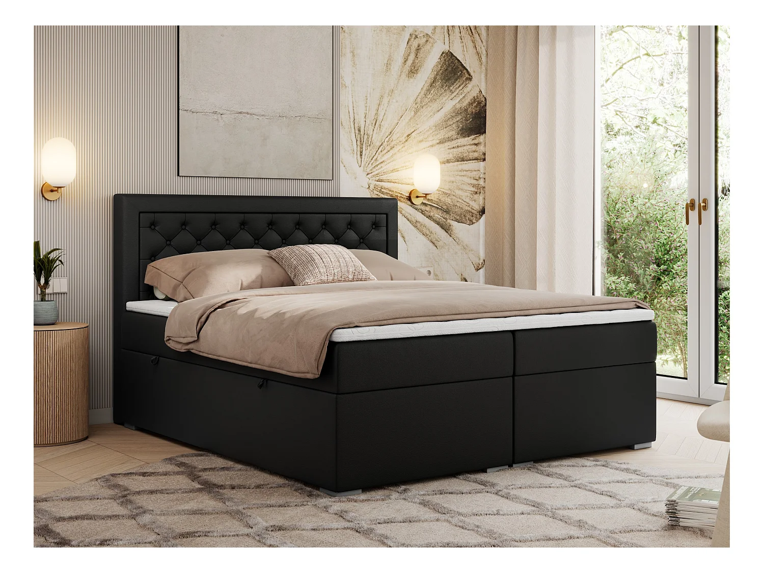 Boxspringbett JASIR - mit gestepptem Kopfteil, Doppelbett für Schlafzimmer, Multipocket-Matratze, Stauraum - 200x200 cm - H3 - Schwarz Kunstleder