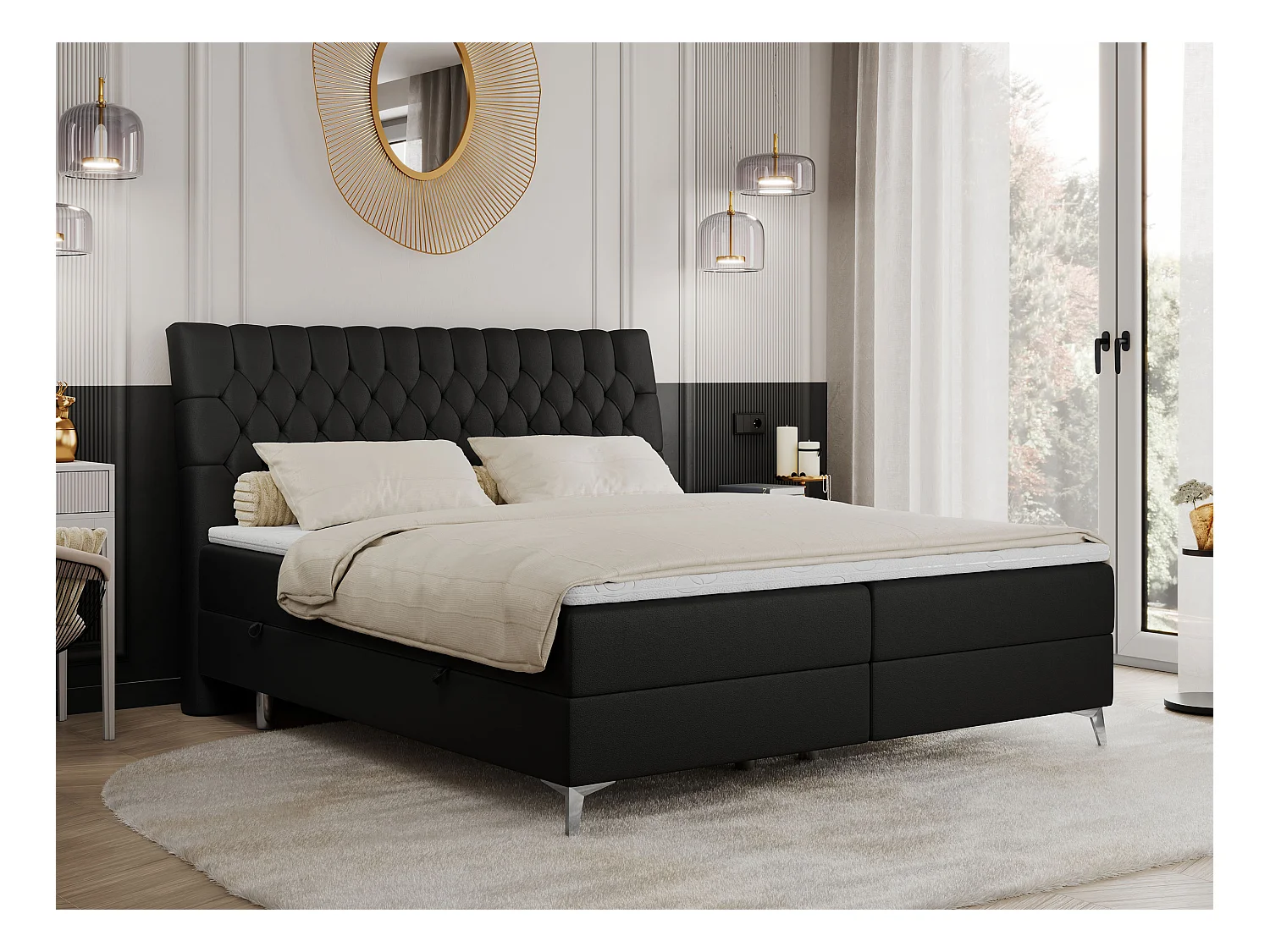 Boxspringbett MILEN - gepolstertes Schlafzimmerbett, zwei Multipocket-Matratze, dekorative hohe Beine - 160x200 cm - H4 - Schwarz Kunstleder