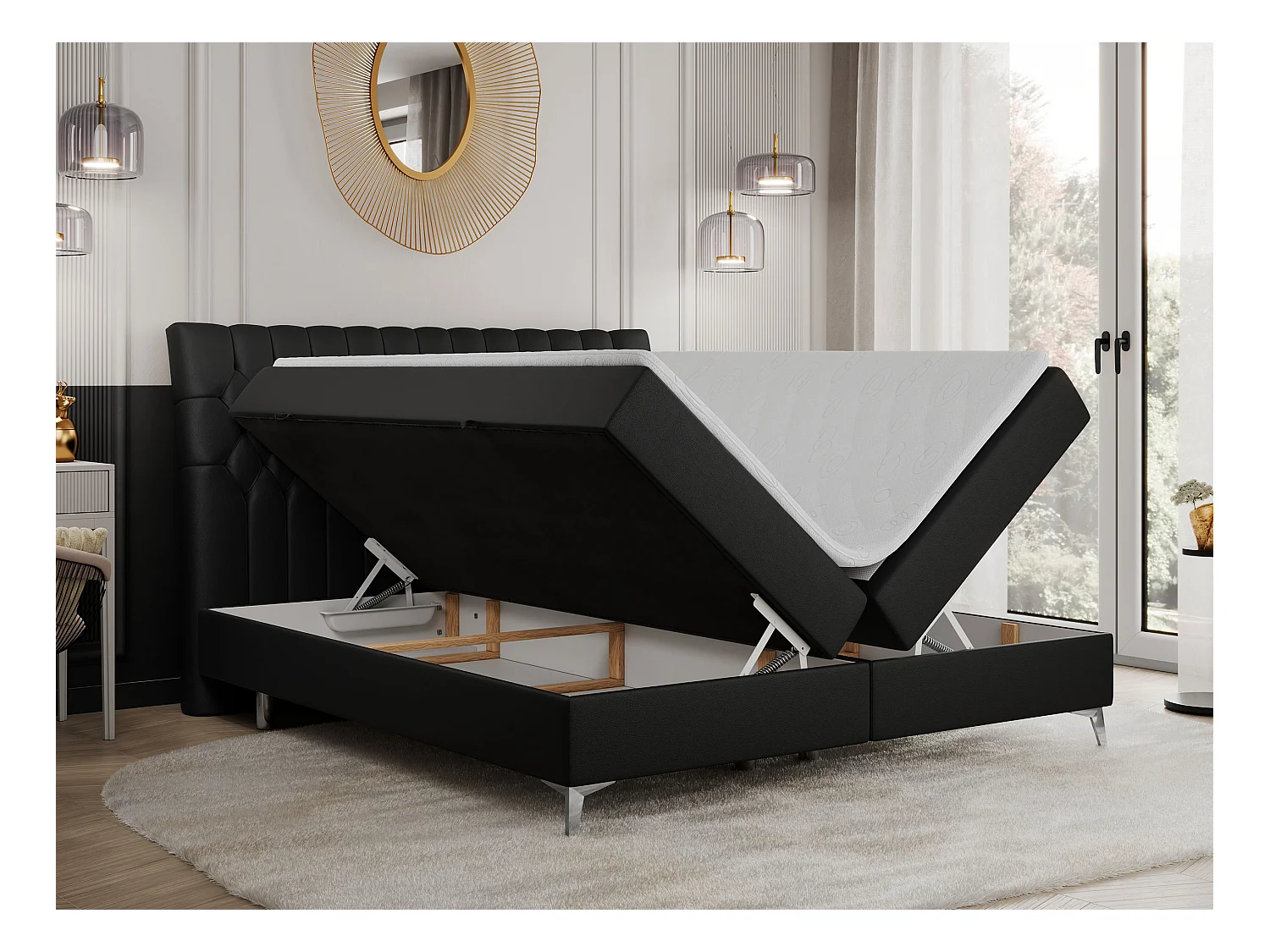 Boxspringbett MILEN - gepolstertes Schlafzimmerbett, zwei Multipocket-Matratze, dekorative hohe Beine - 160x200 cm - H4 - Schwarz Kunstleder