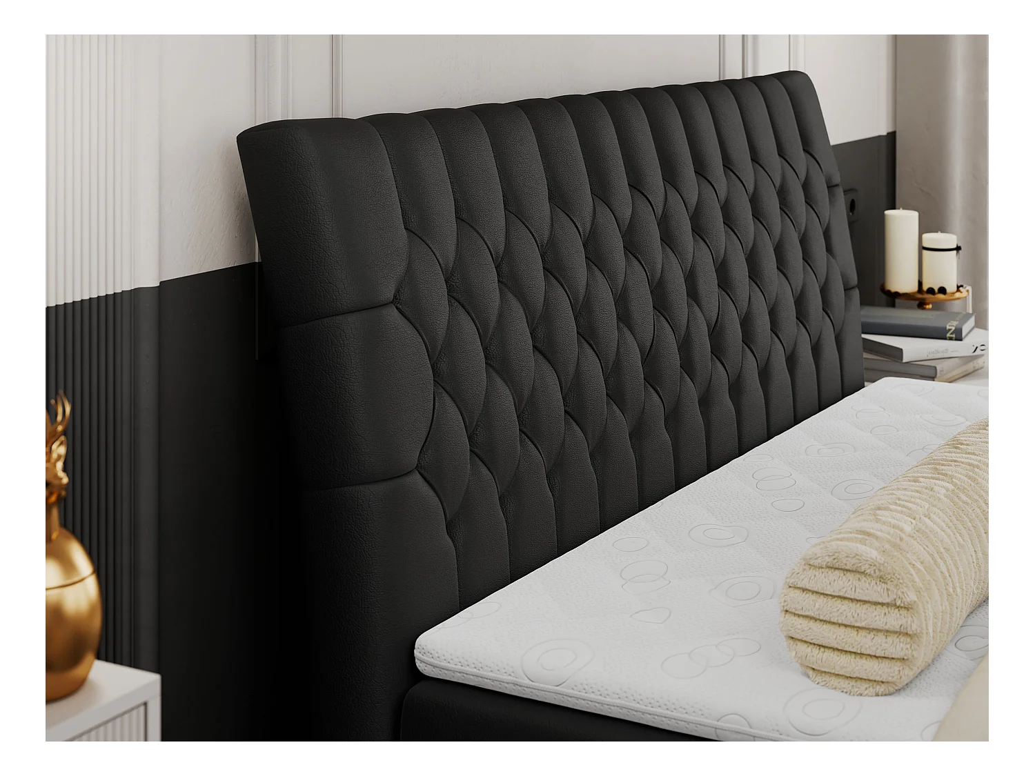 Boxspringbett MILEN - gepolstertes Schlafzimmerbett, zwei Multipocket-Matratze, dekorative hohe Beine - 160x200 cm - H4 - Schwarz Kunstleder