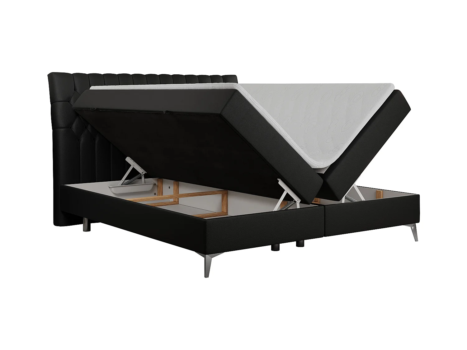 Boxspringbett MILEN - gepolstertes Schlafzimmerbett, zwei Multipocket-Matratze, dekorative hohe Beine - 160x200 cm - H4 - Schwarz Kunstleder