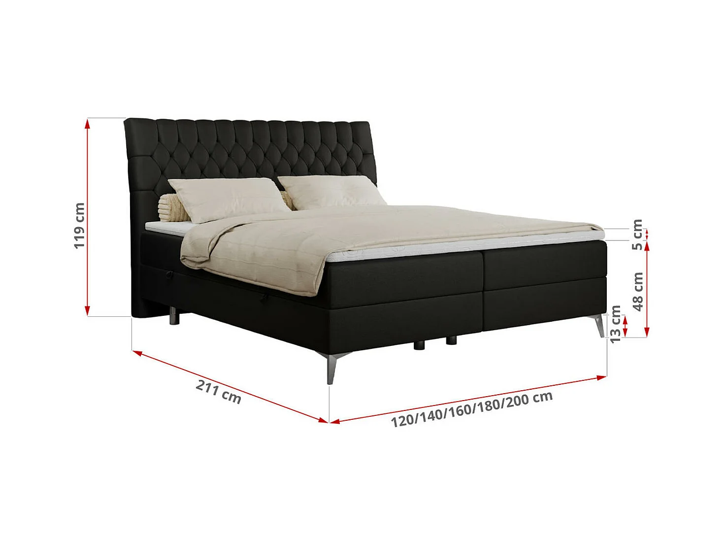 Boxspringbett MILEN - gepolstertes Schlafzimmerbett, zwei Multipocket-Matratze, dekorative hohe Beine - 160x200 cm - H4 - Schwarz Kunstleder