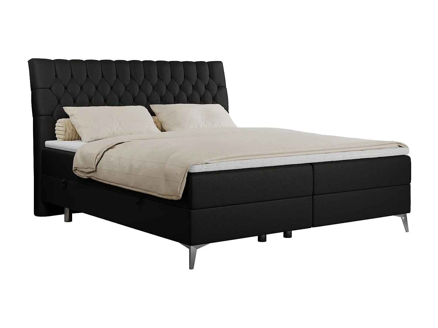 Boxspringbett MILEN - gepolstertes Schlafzimmerbett, zwei Multipocket-Matratze, dekorative hohe Beine - 160x200 cm - H4 - Schwarz Kunstleder